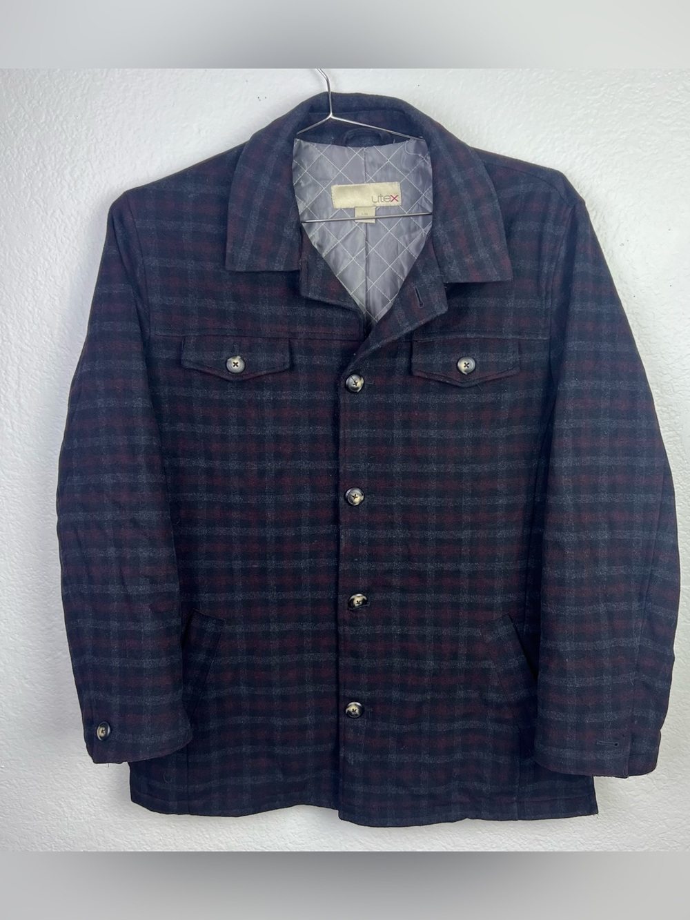 Utex Men Plaid Wool Lined Pockets Button Front Point Collar Jacket size L